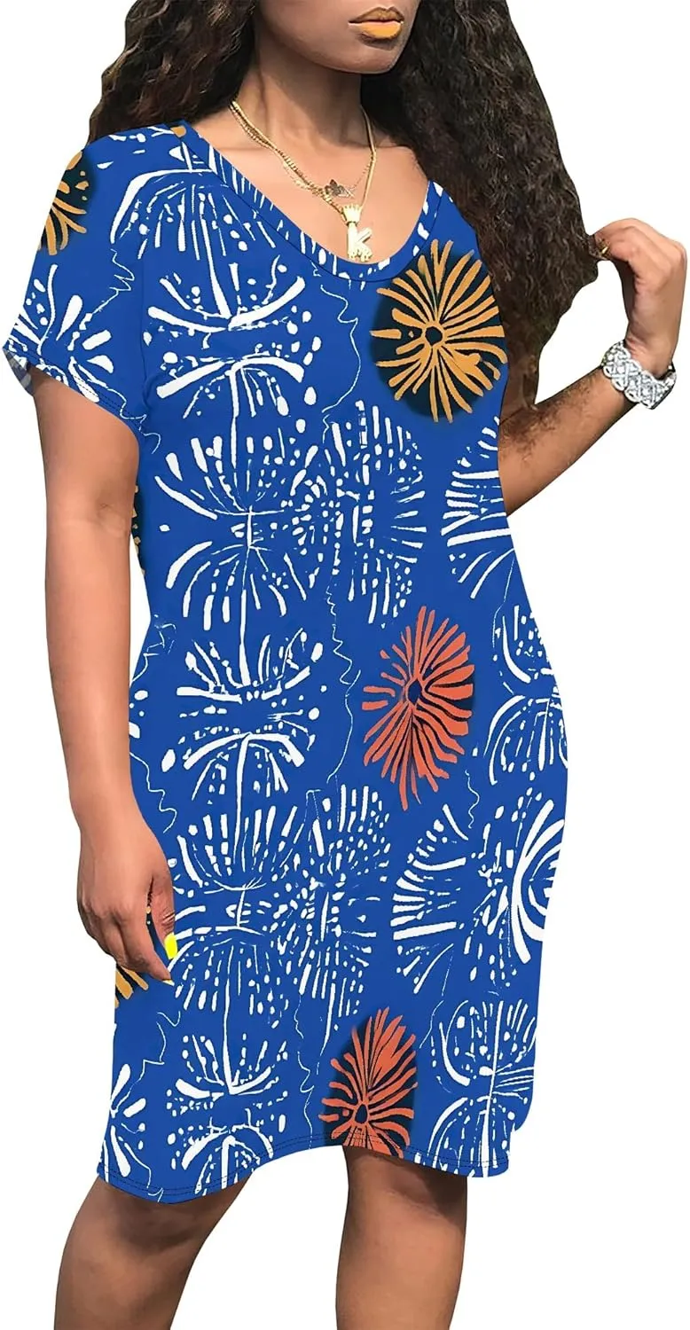 Summer Dresses for Women Loose Midi V Neck Short Sleeve Casual T Shirt Beach Vacation Ruched Sundress with Pockets