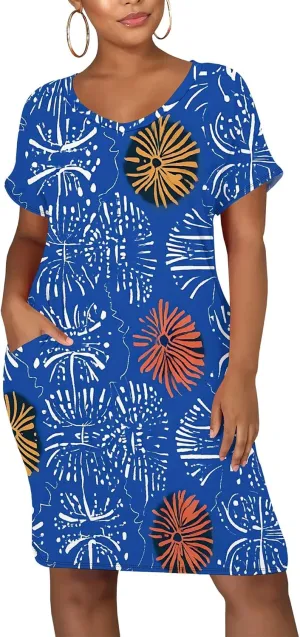 Summer Dresses for Women Loose Midi V Neck Short Sleeve Casual T Shirt Beach Vacation Ruched Sundress with Pockets