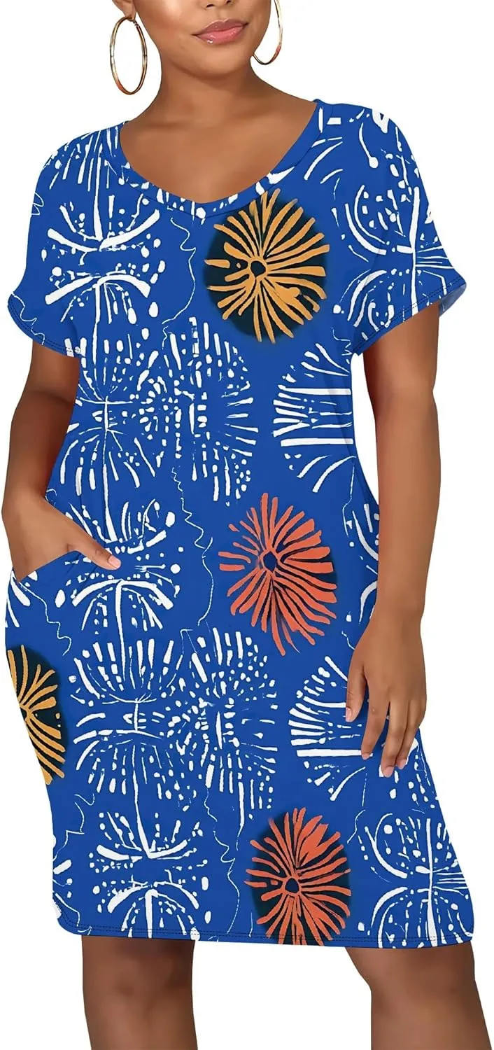 Summer Dresses for Women Loose Midi V Neck Short Sleeve Casual T Shirt Beach Vacation Ruched Sundress with Pockets