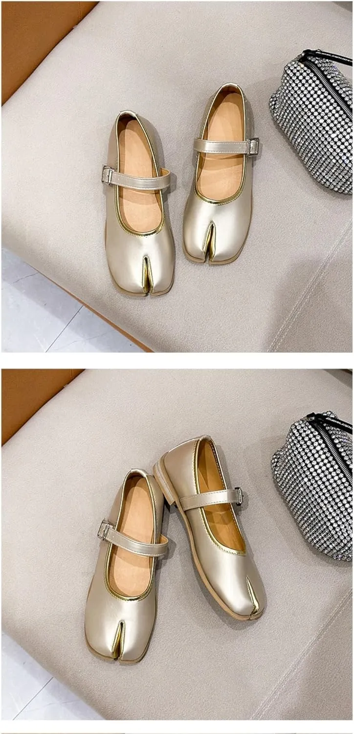 Tabi Shoes Split Toe Mary Janes for Women Cute Emo Shoes Y2K Goth Retro Ballet Flats Low Heels Lightweight Leather Round Toes Dressy Slip on Slides Casual Comfort Walking Slippers Office Business