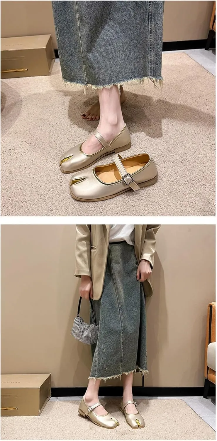 Tabi Shoes Split Toe Mary Janes for Women Cute Emo Shoes Y2K Goth Retro Ballet Flats Low Heels Lightweight Leather Round Toes Dressy Slip on Slides Casual Comfort Walking Slippers Office Business