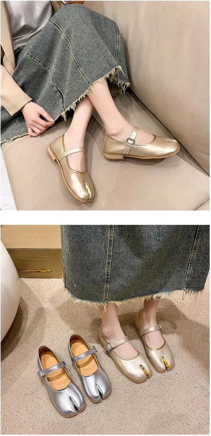 Tabi Shoes Split Toe Mary Janes for Women Cute Emo Shoes Y2K Goth Retro Ballet Flats Low Heels Lightweight Leather Round Toes Dressy Slip on Slides Casual Comfort Walking Slippers Office Business