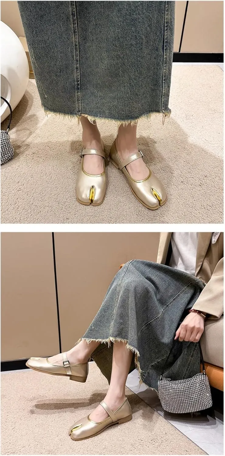 Tabi Shoes Split Toe Mary Janes for Women Cute Emo Shoes Y2K Goth Retro Ballet Flats Low Heels Lightweight Leather Round Toes Dressy Slip on Slides Casual Comfort Walking Slippers Office Business