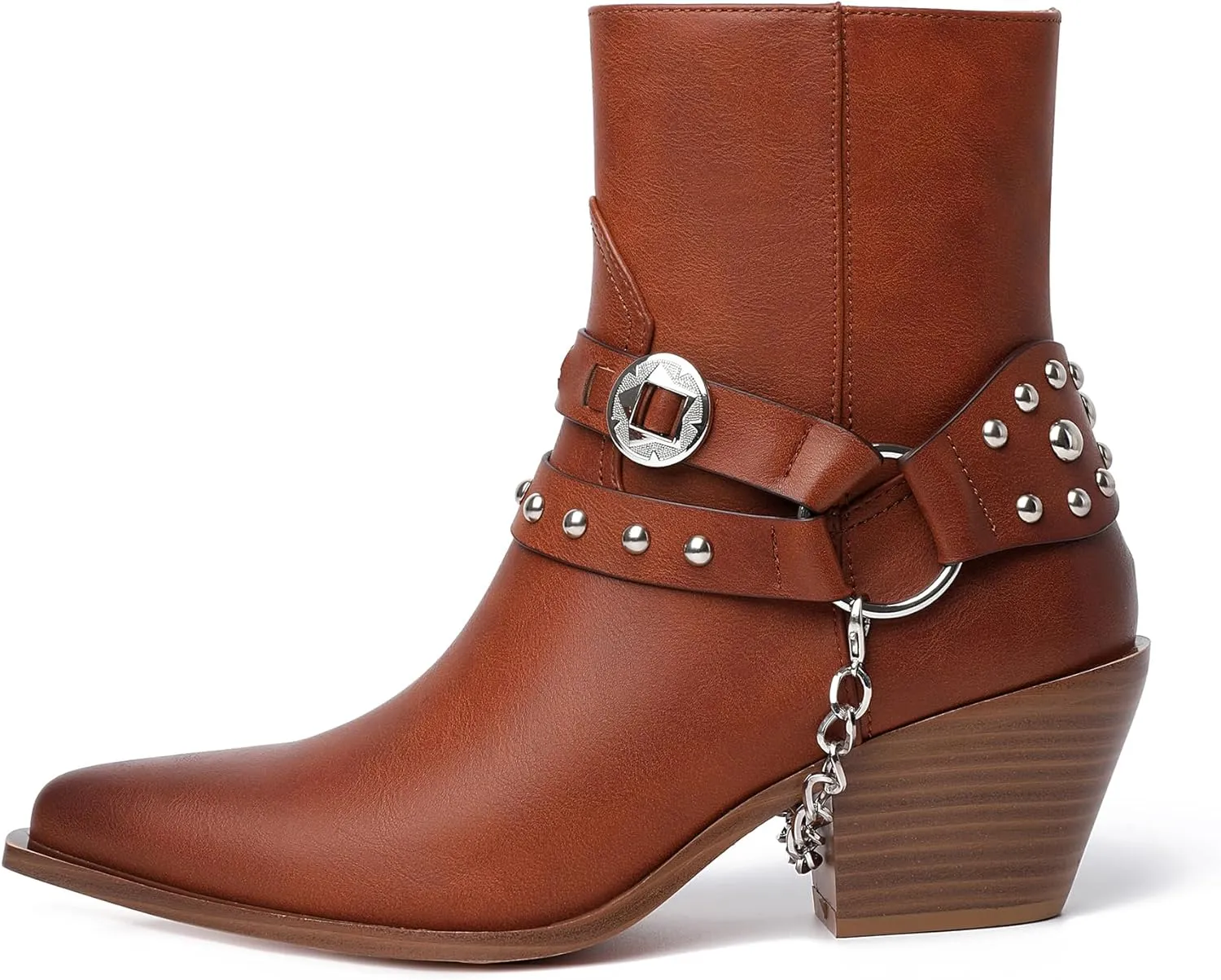 TAEPUSR Cowboy Ankle Boots for Women, Motorcycle Boots for Riding Western Biker Boots, Chunky Block Heel Punk Rock Boots with Removable Harness Chain Strap