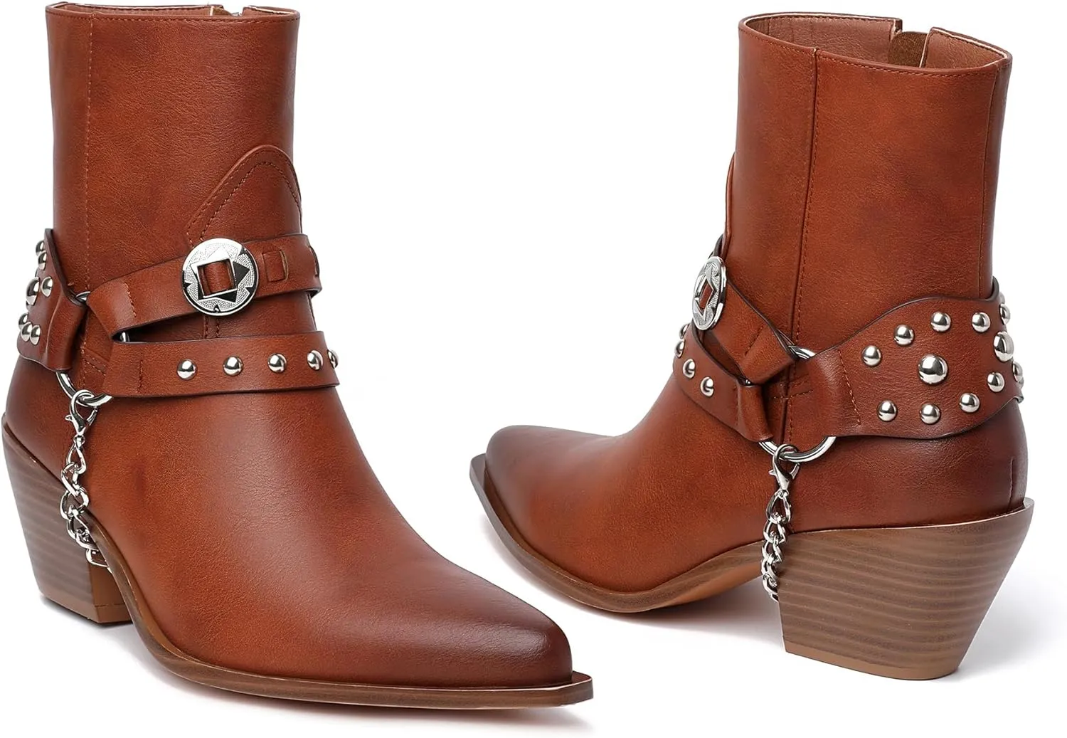 TAEPUSR Cowboy Ankle Boots for Women, Motorcycle Boots for Riding Western Biker Boots, Chunky Block Heel Punk Rock Boots with Removable Harness Chain Strap