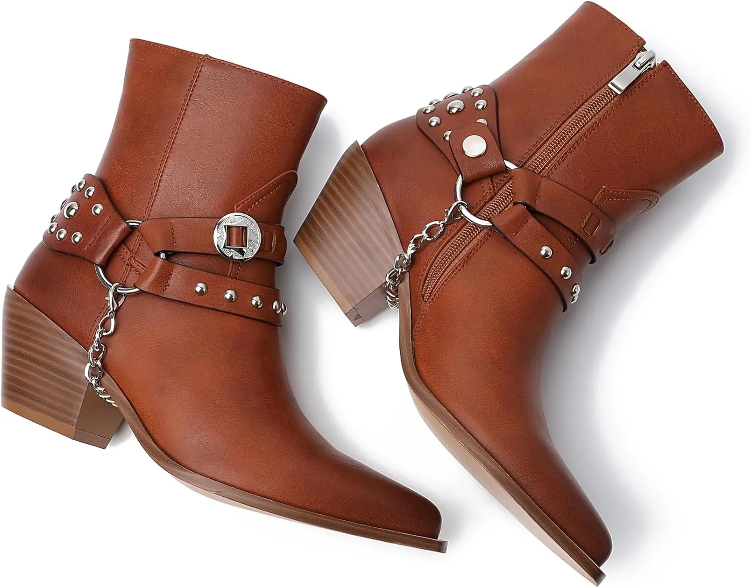 TAEPUSR Cowboy Ankle Boots for Women, Motorcycle Boots for Riding Western Biker Boots, Chunky Block Heel Punk Rock Boots with Removable Harness Chain Strap