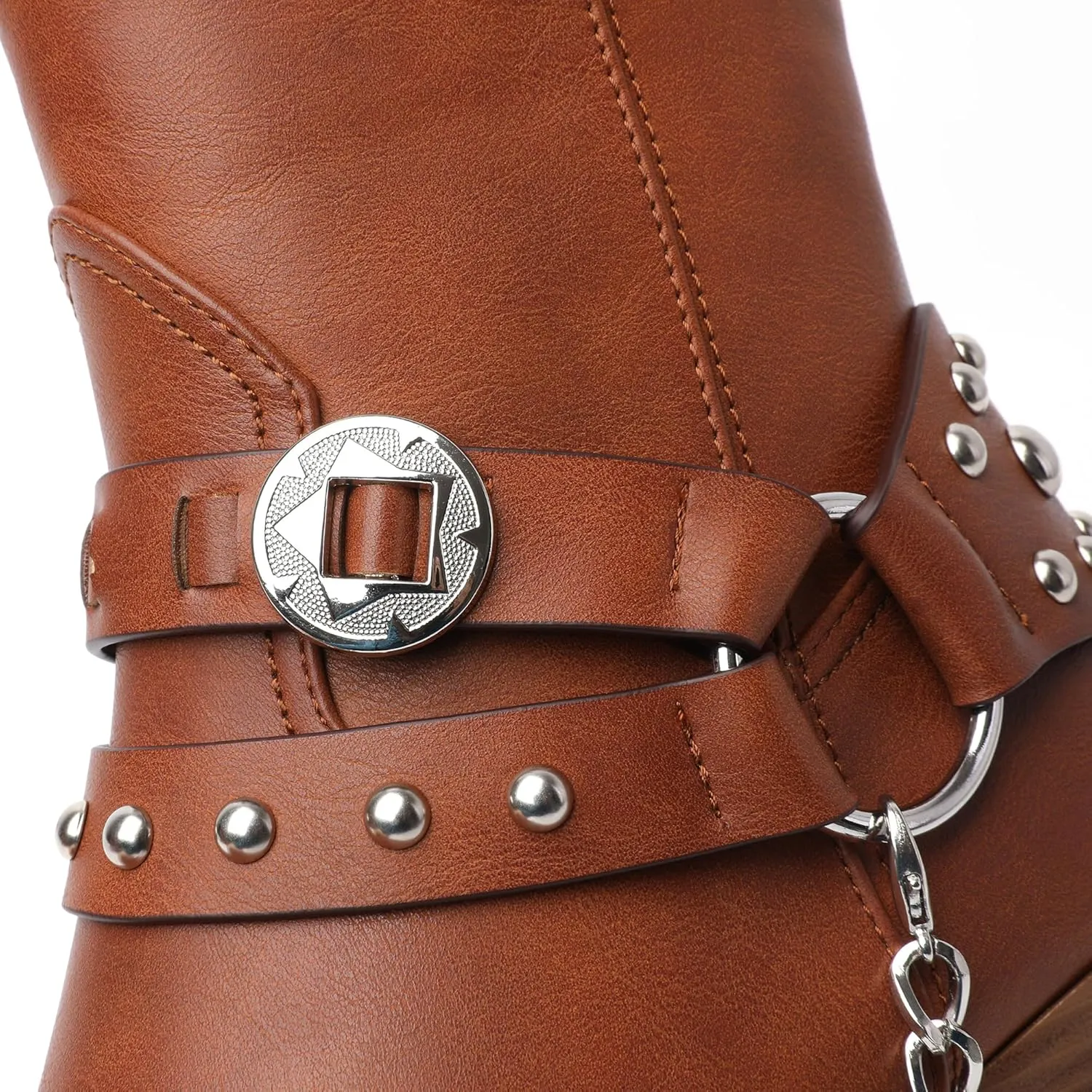 TAEPUSR Cowboy Ankle Boots for Women, Motorcycle Boots for Riding Western Biker Boots, Chunky Block Heel Punk Rock Boots with Removable Harness Chain Strap