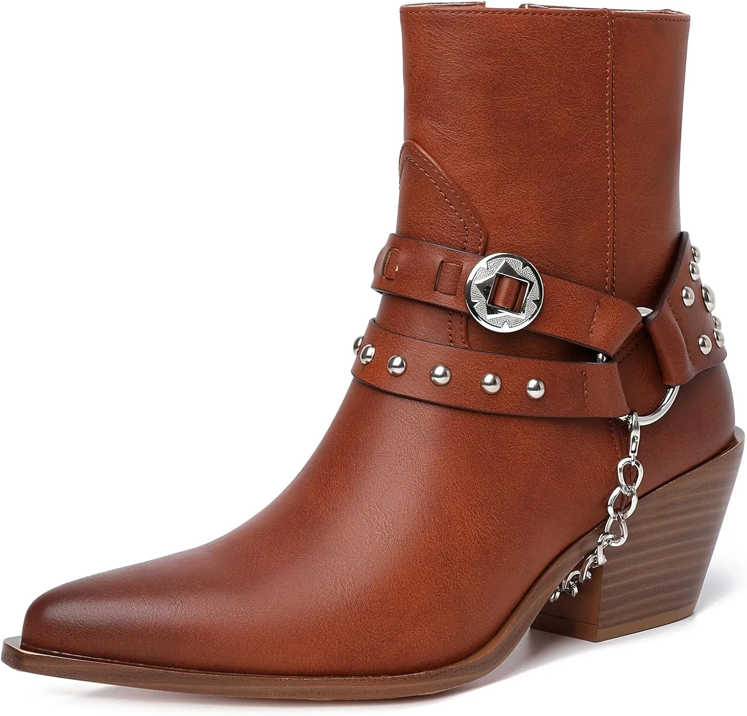 TAEPUSR Cowboy Ankle Boots for Women, Motorcycle Boots for Riding Western Biker Boots, Chunky Block Heel Punk Rock Boots with Removable Harness Chain Strap