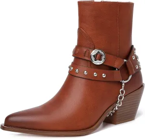 TAEPUSR Cowboy Ankle Boots for Women, Motorcycle Boots for Riding Western Biker Boots, Chunky Block Heel Punk Rock Boots with Removable Harness Chain Strap