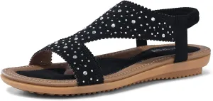 TEMOFON Flat Sandals Women Dressy: Open Toe Elastic Ankle Strap Rhinestone Sandals Woman - Summer Beach Flat Black Size 8.5 Comfortable Walking Non Slip Shoes