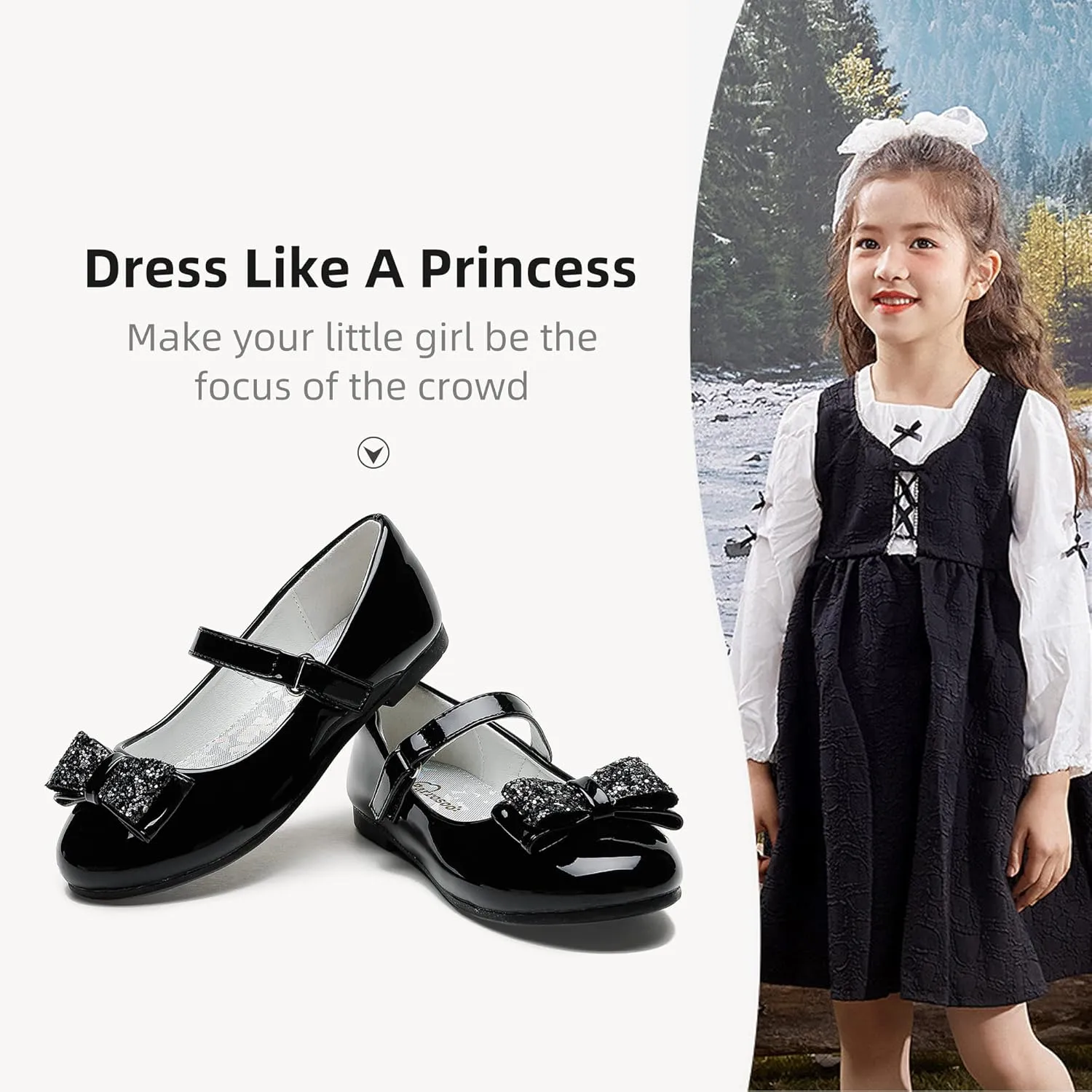 Toddler Girls Dress Shoes - Black Floral Mary Jane Flats for Girls - Water Resistant - All Seasons - Casual - Wedding, Dance, Daily Wear