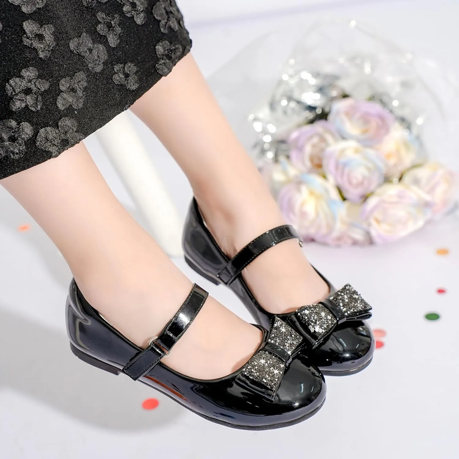 Toddler Girls Dress Shoes - Black Floral Mary Jane Flats for Girls - Water Resistant - All Seasons - Casual - Wedding, Dance, Daily Wear