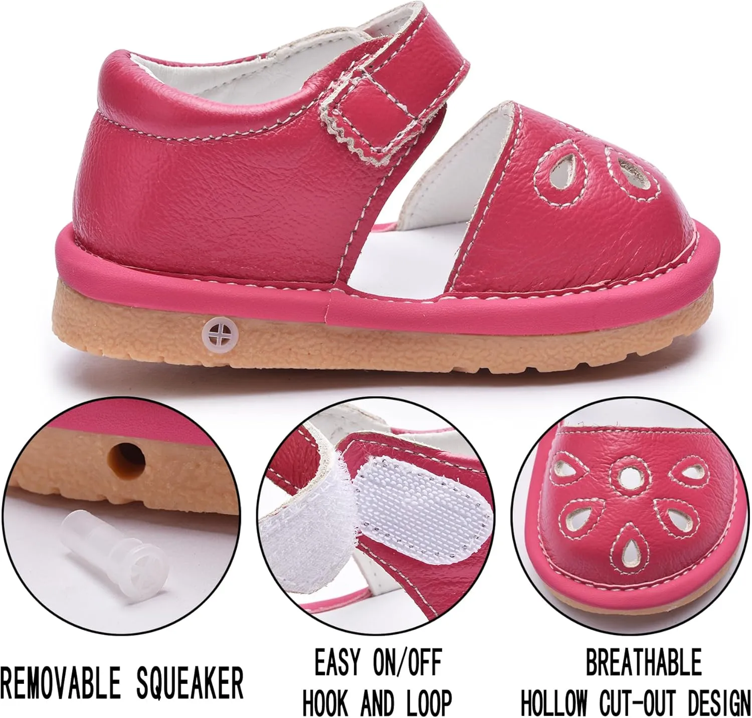 Toddler Girls Squeaky Shoes Flower Punch Baby Mary Jane Flats Sandals (Removable Squeakers)