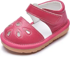 Toddler Girls Squeaky Shoes Flower Punch Baby Mary Jane Flats Sandals (Removable Squeakers)
