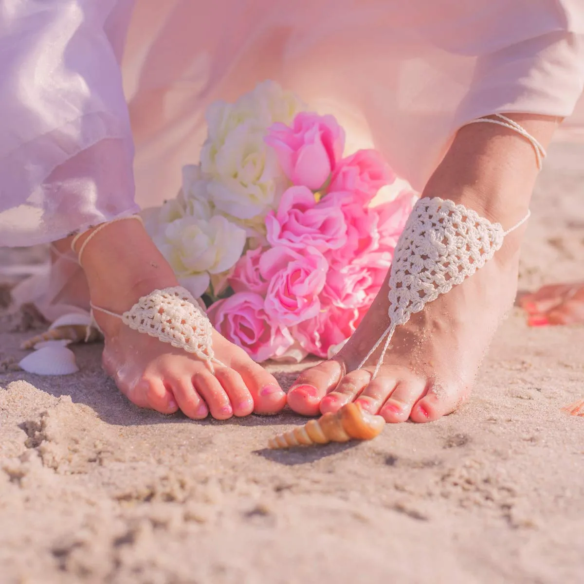 Triangle Lace Baby Barefoot Sandals Foot Jewelry, Flower Girl Gift, Crochet Boho Children Nude Shoes, Mommy & Me Beach Wear, Summer Christening, First Birthday (XXS Baby size 5-10 White)