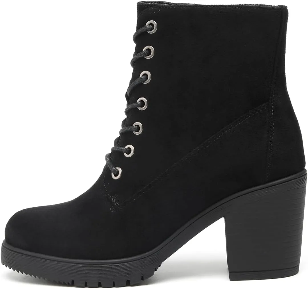 TYNDALL Women's Chunky Heel Ankle Boots Stylish High Heel Lace-Up Side Zipper Booties for Girls Black Women's Boots