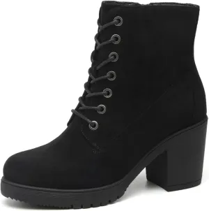 TYNDALL Women's Chunky Heel Ankle Boots Stylish High Heel Lace-Up Side Zipper Booties for Girls Black Women's Boots