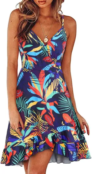 ULTRANICE Womens Summer Dresses Floral V Neck Ruffled Hem Spaghetti Spring Casual Beach Outfits Flowy Wrap Sun Dress