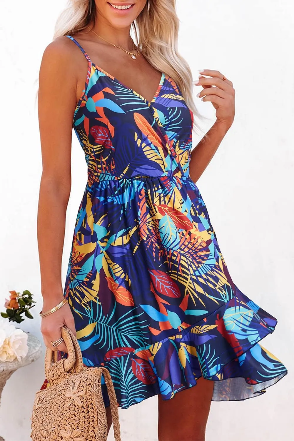 ULTRANICE Womens Summer Dresses Floral V Neck Ruffled Hem Spaghetti Spring Casual Beach Outfits Flowy Wrap Sun Dress