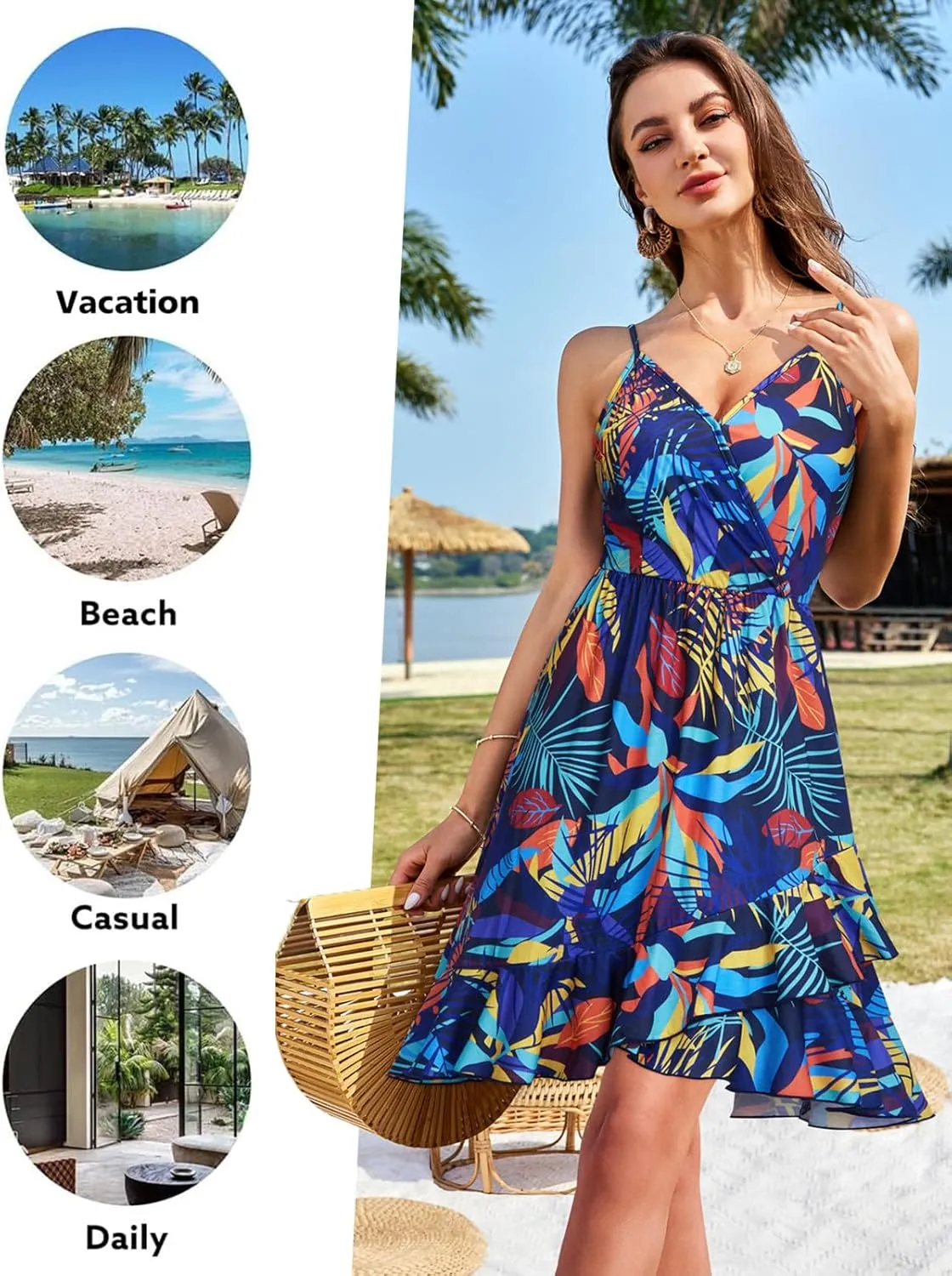 ULTRANICE Womens Summer Dresses Floral V Neck Ruffled Hem Spaghetti Spring Casual Beach Outfits Flowy Wrap Sun Dress