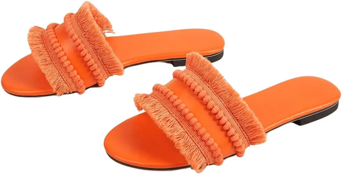 Verdusa Women's Fringe Straw Flat Slipper Boho Sandals Open Toe Beach Slides Orange 8