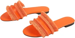 Verdusa Women's Fringe Straw Flat Slipper Boho Sandals Open Toe Beach Slides Orange 8