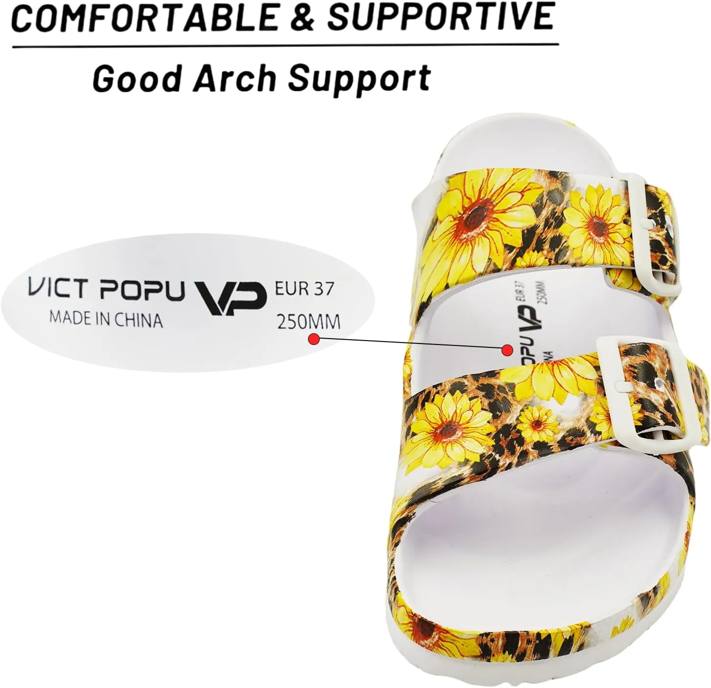 VICT POPU Womens Sandals Adjustable Double Buckle Strap Waterproof EVA Flat Slides
