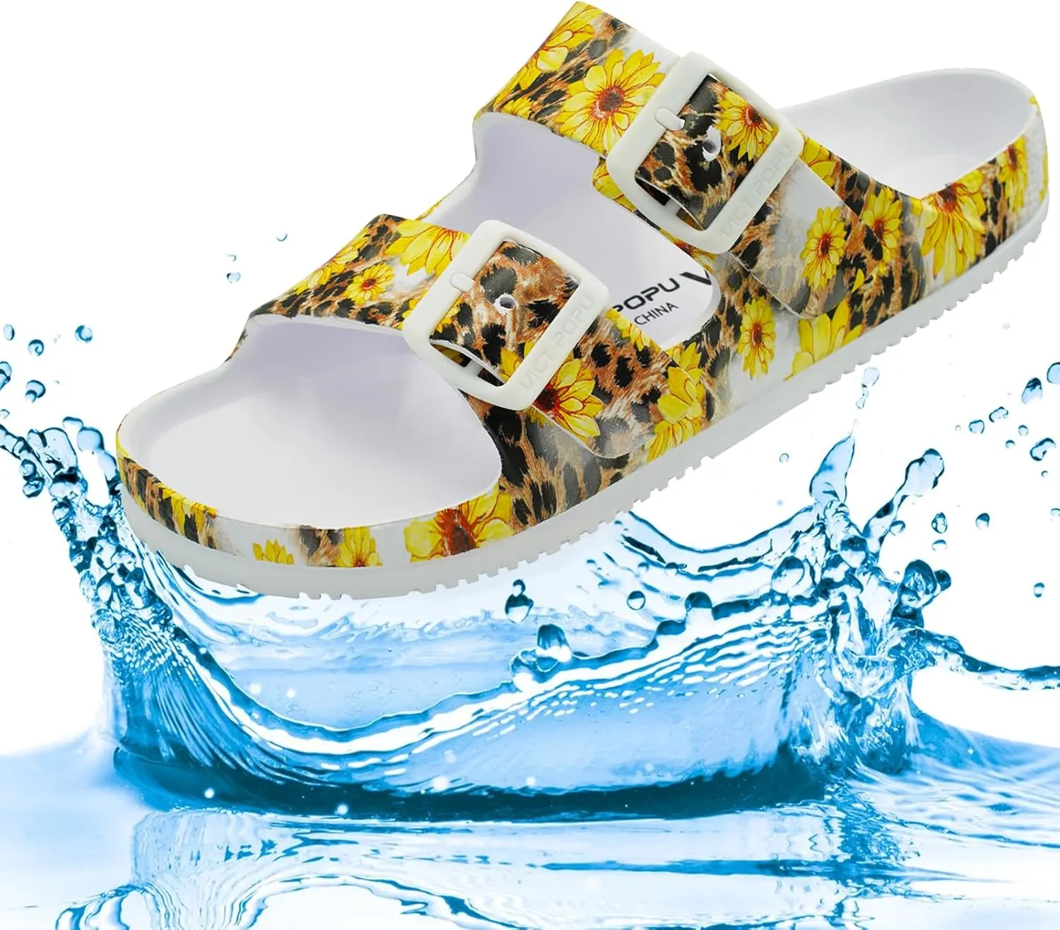 VICT POPU Womens Sandals Adjustable Double Buckle Strap Waterproof EVA Flat Slides