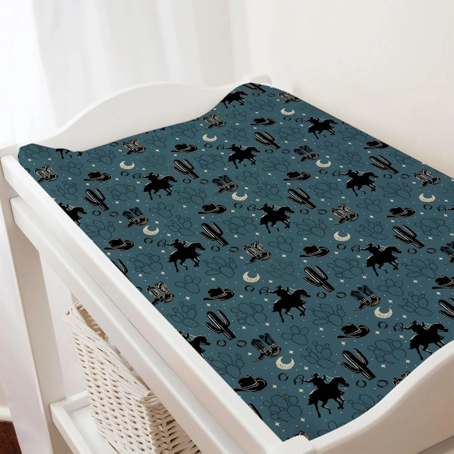 Vintage Western Cowboy Baby Changing Pad Covers Cowboy Horse Boots Hat Cactus Moon Diaper Changing Table Sheets for Boy Wild Plants Soft Breathable Stretch Fitted Nursery Changing Table Mat 32''x16''