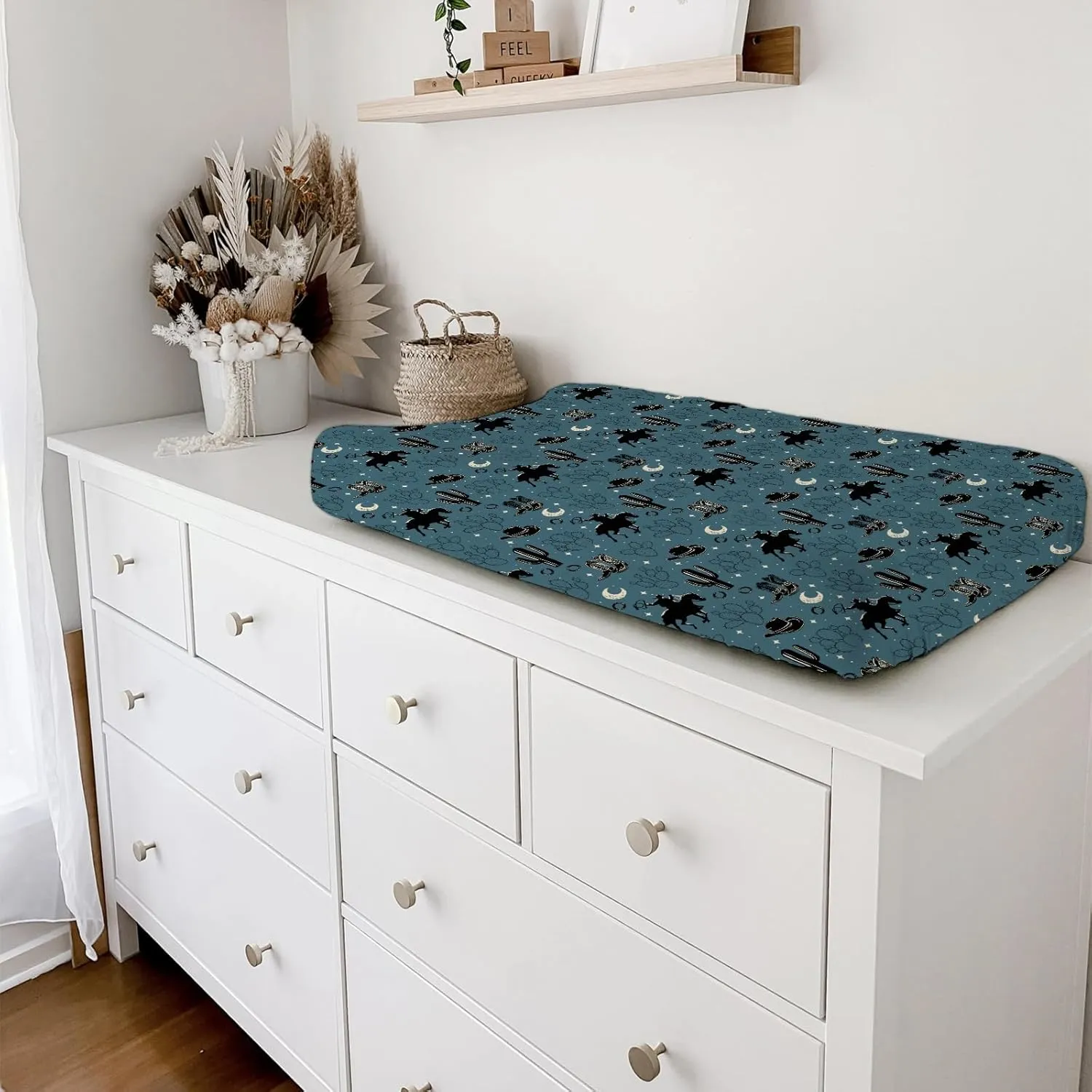 Vintage Western Cowboy Baby Changing Pad Covers Cowboy Horse Boots Hat Cactus Moon Diaper Changing Table Sheets for Boy Wild Plants Soft Breathable Stretch Fitted Nursery Changing Table Mat 32''x16''