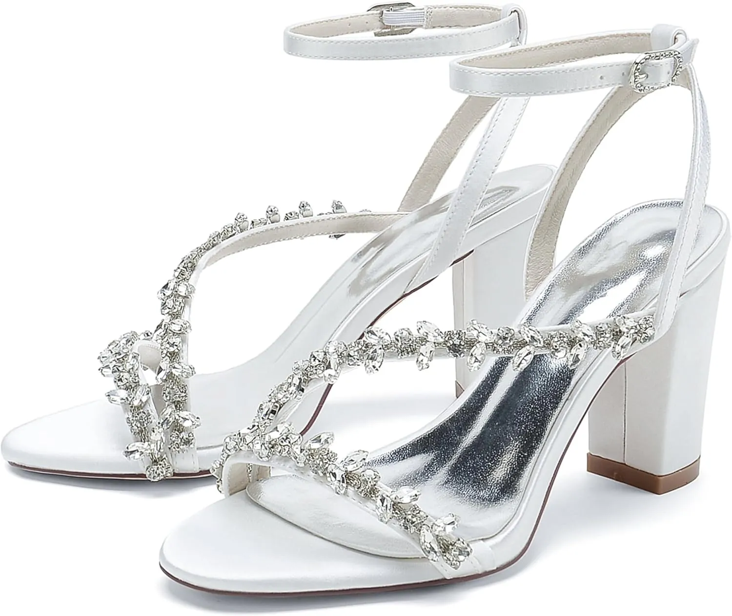 Wedding Bride Shoes Sandal Shoes Open Toe Block Heel Satin Rhinestones Women High Heels Formal Party Heeled Sandals 8.5Cm