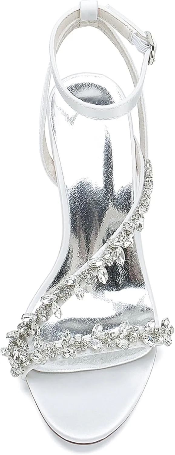 Wedding Bride Shoes Sandal Shoes Open Toe Block Heel Satin Rhinestones Women High Heels Formal Party Heeled Sandals 8.5Cm