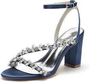 Wedding Bride Shoes Sandal Shoes Open Toe Block Heel Satin Rhinestones Women High Heels Formal Party Heeled Sandals 8.5Cm