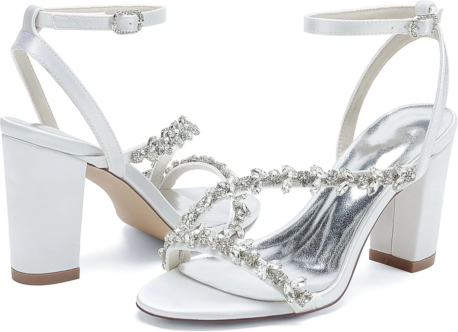 Wedding Bride Shoes Sandal Shoes Open Toe Block Heel Satin Rhinestones Women High Heels Formal Party Heeled Sandals 8.5Cm