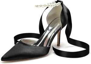 Wedding Bride Shoes Satin Pearl Pointed Toe Ribbon Women High Heels Pumps for Bridal/Prom/Evening/Cocktail/Bridesmaid/Party 8.5Cm