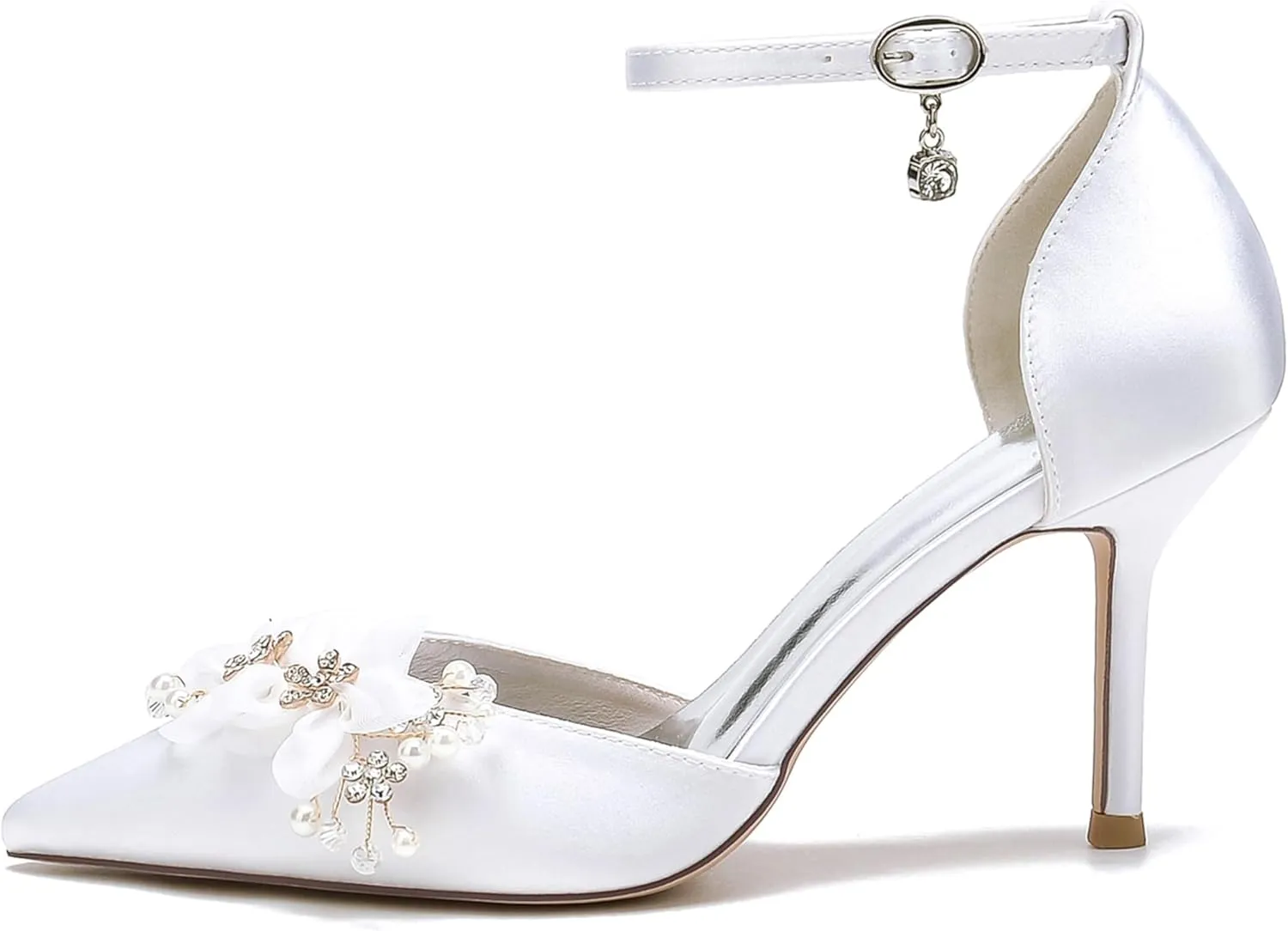 Wedding Shoes Women Silk High Heels Bride Pointed Toe Satin Flower Pearls Ankle Buckle Strap Wedding Party Dress Shoes 8.5Cm