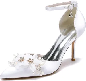 Wedding Shoes Women Silk High Heels Bride Pointed Toe Satin Flower Pearls Ankle Buckle Strap Wedding Party Dress Shoes 8.5Cm