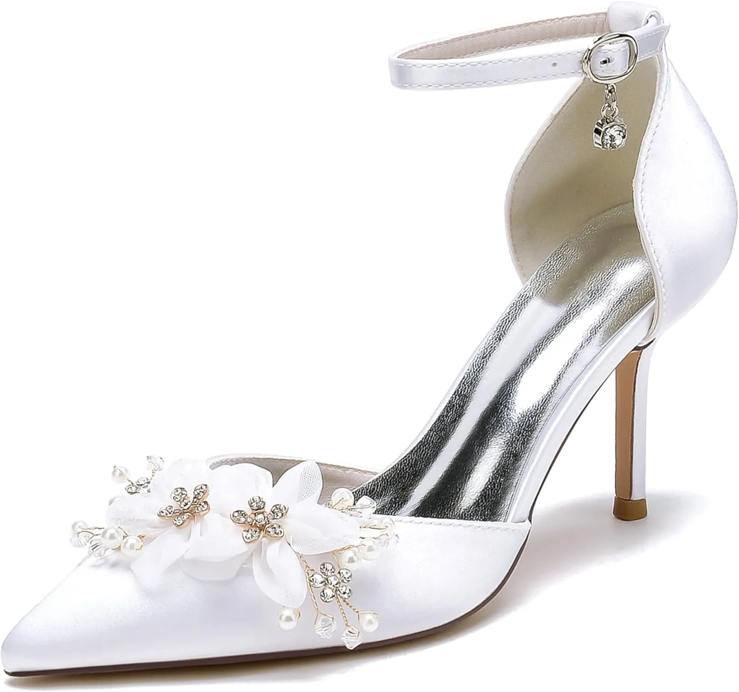 Wedding Shoes Women Silk High Heels Bride Pointed Toe Satin Flower Pearls Ankle Buckle Strap Wedding Party Dress Shoes 8.5Cm