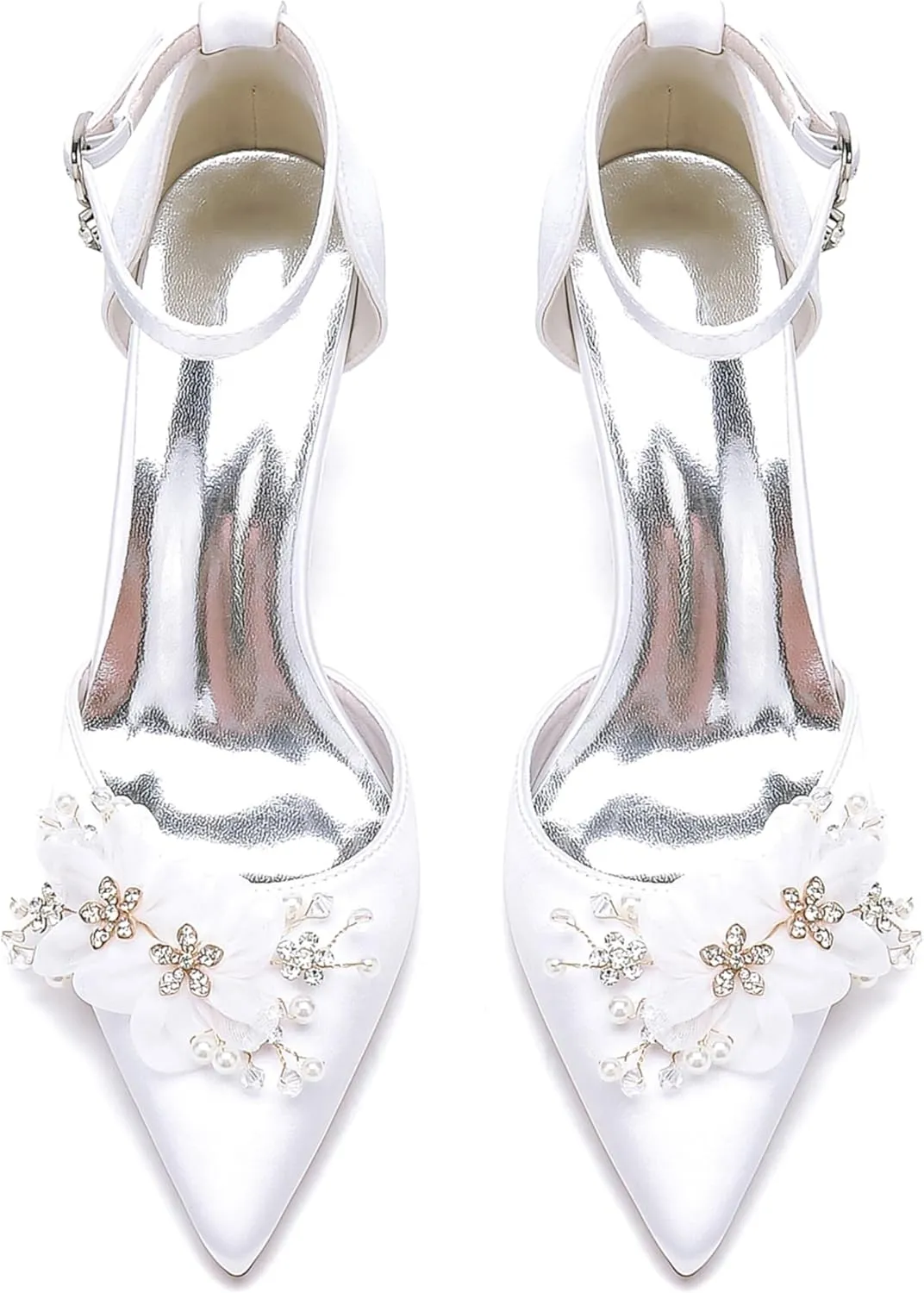 Wedding Shoes Women Silk High Heels Bride Pointed Toe Satin Flower Pearls Ankle Buckle Strap Wedding Party Dress Shoes 8.5Cm