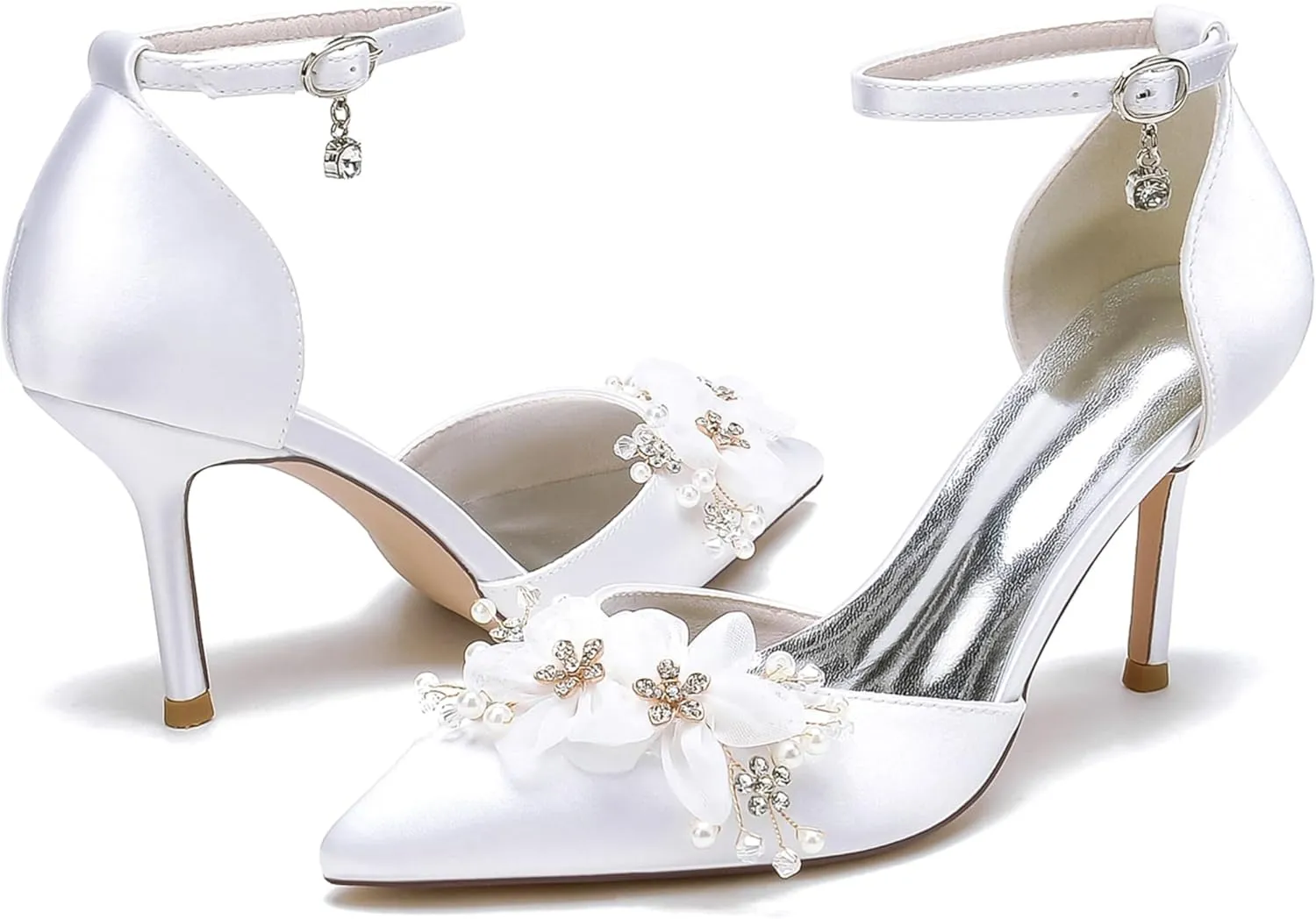 Wedding Shoes Women Silk High Heels Bride Pointed Toe Satin Flower Pearls Ankle Buckle Strap Wedding Party Dress Shoes 8.5Cm