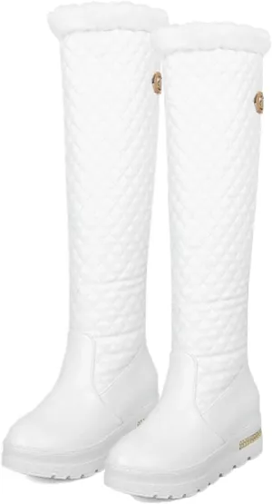 Wedge Heeled Platform Knee High Boots, Round Toe Slip On Mid Calf Boots Fleece Lining Raw Edge Straight Boots V Shaped Cuff Metal Decoration Women's Boots