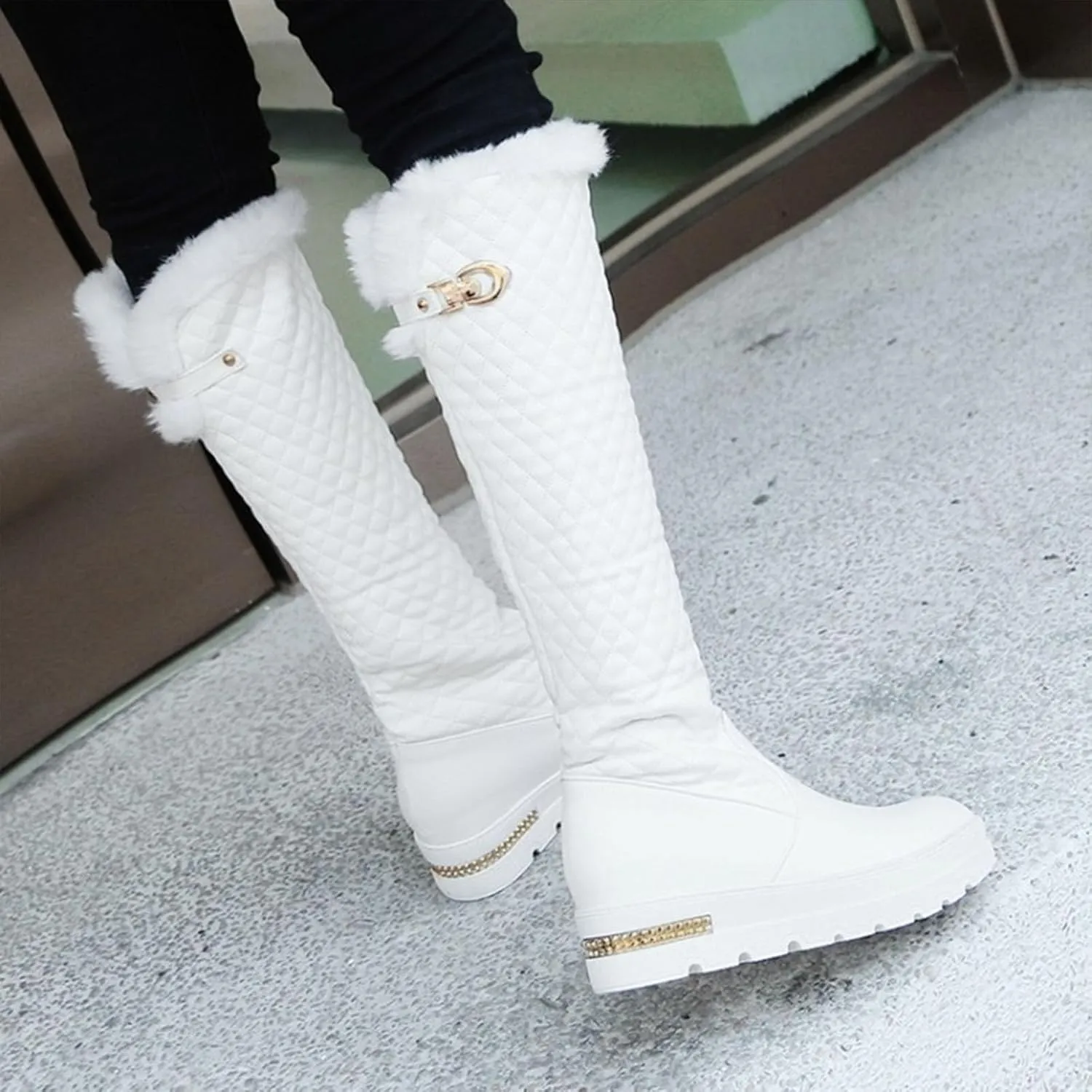 Wedge Heeled Platform Knee High Boots, Round Toe Slip On Mid Calf Boots Fleece Lining Raw Edge Straight Boots V Shaped Cuff Metal Decoration Women's Boots