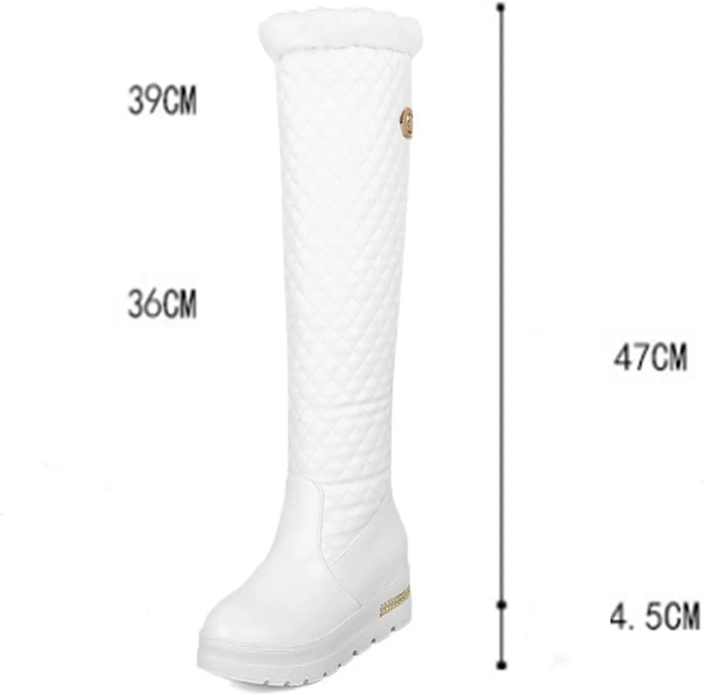 Wedge Heeled Platform Knee High Boots, Round Toe Slip On Mid Calf Boots Fleece Lining Raw Edge Straight Boots V Shaped Cuff Metal Decoration Women's Boots