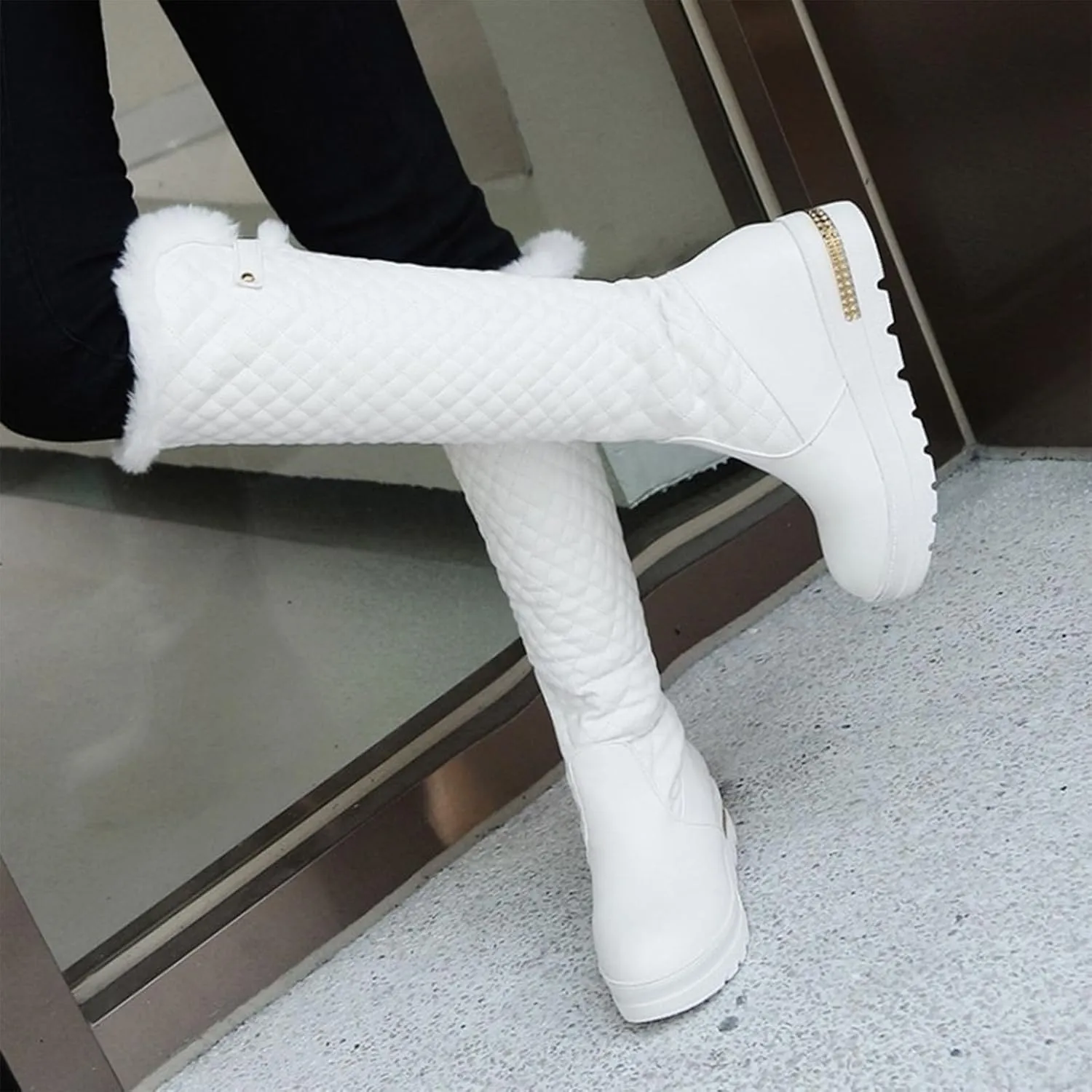Wedge Heeled Platform Knee High Boots, Round Toe Slip On Mid Calf Boots Fleece Lining Raw Edge Straight Boots V Shaped Cuff Metal Decoration Women's Boots