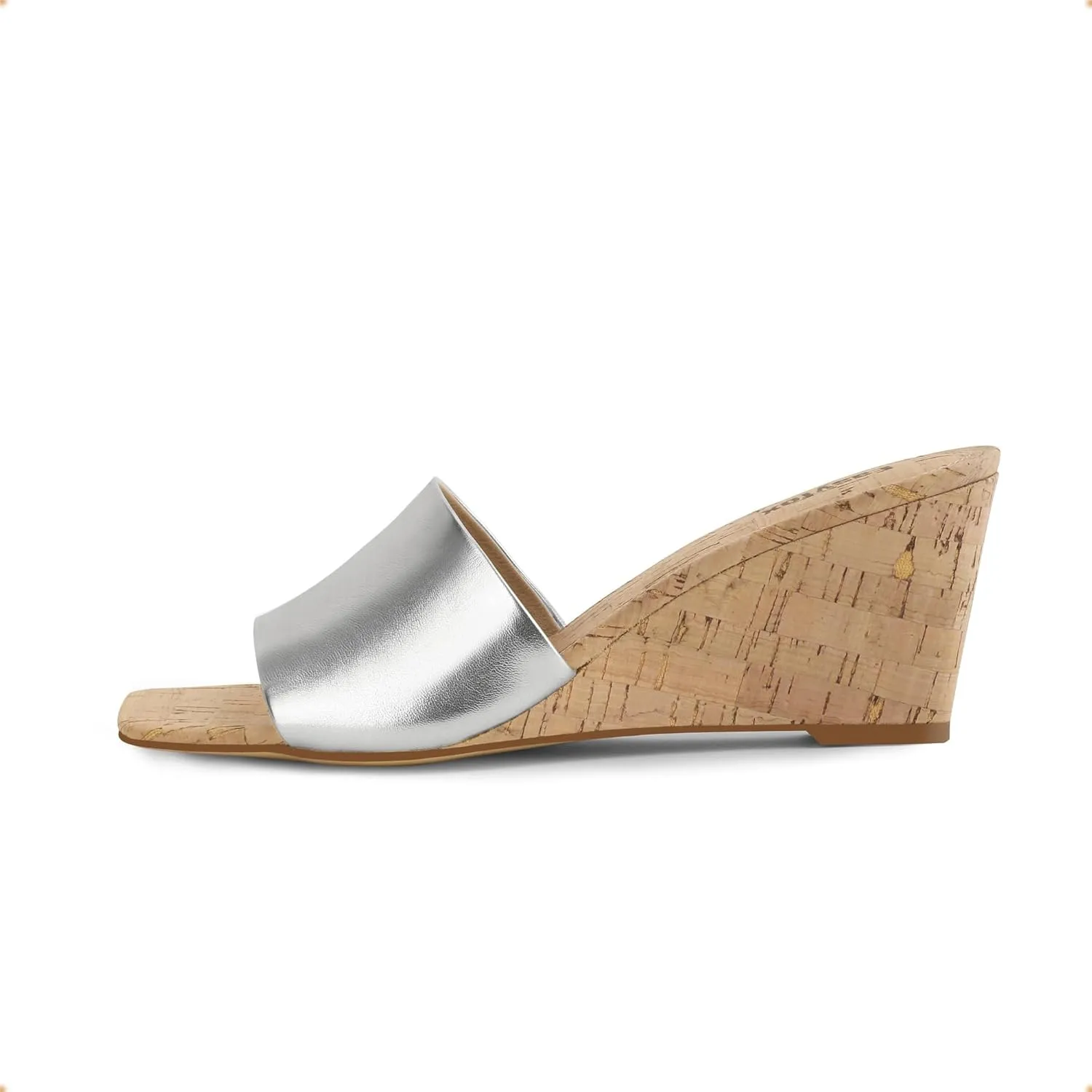 Wedge Sandals for Women Open Toe Wedge Heels Womens High Heel Sandal Square Toe Heeled Wedge Sandals Wood Grain Slip on Wedge Mules