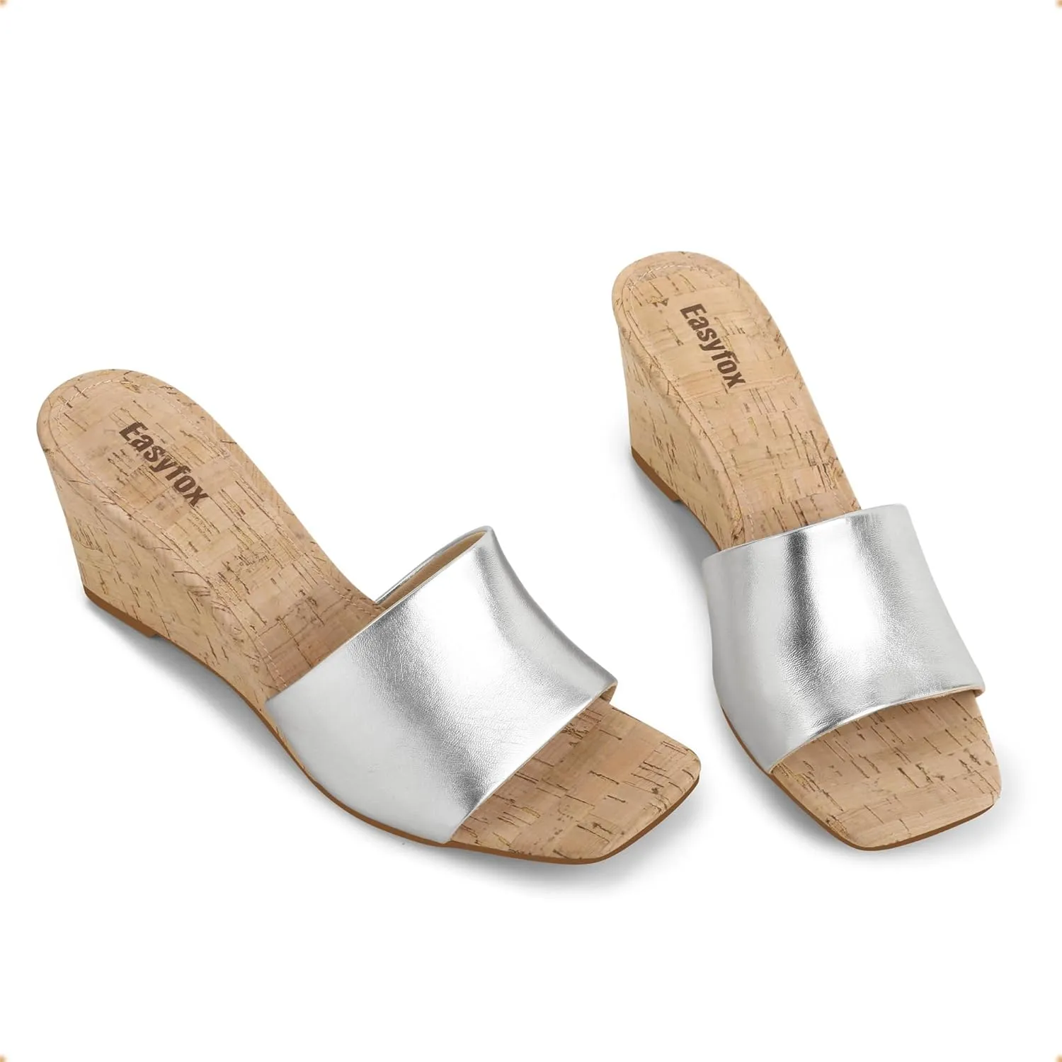 Wedge Sandals for Women Open Toe Wedge Heels Womens High Heel Sandal Square Toe Heeled Wedge Sandals Wood Grain Slip on Wedge Mules