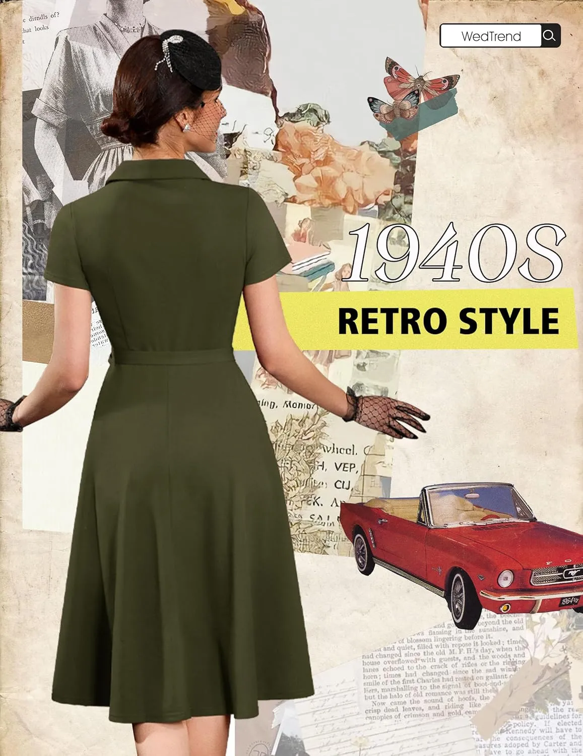 Wedtrend Women's Vintage Tea Dress, Short Sleeve Cocktail Party Dress Work Church Casual Dress