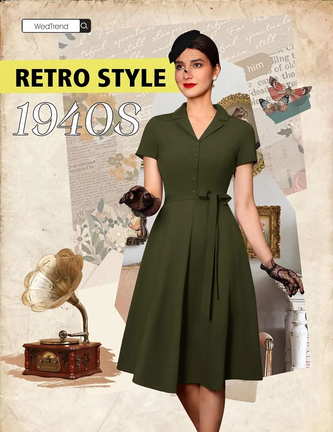 Wedtrend Women's Vintage Tea Dress, Short Sleeve Cocktail Party Dress Work Church Casual Dress
