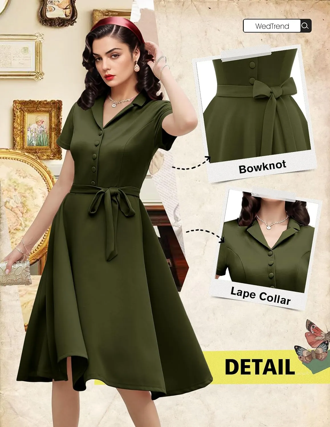 Wedtrend Women's Vintage Tea Dress, Short Sleeve Cocktail Party Dress Work Church Casual Dress