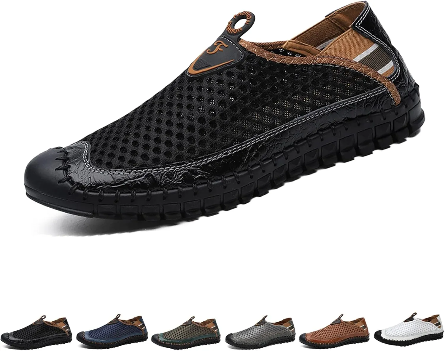 WENOREG Men's Mesh Breathable Walking Slip-On Loafers,Fashion Outdoor Lightweight Handmade Stitching Honeycomb Soft Bottom Walking Driving Water Shoes Casual Sandals